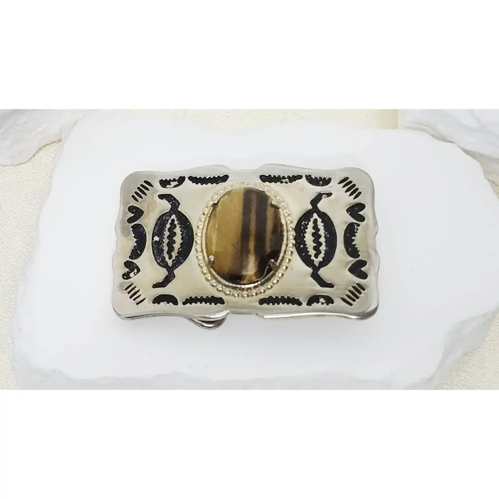 Vintage Southwestern Silver Tone Belt Buckle Genuine Tiger Eye Stone Cabochon